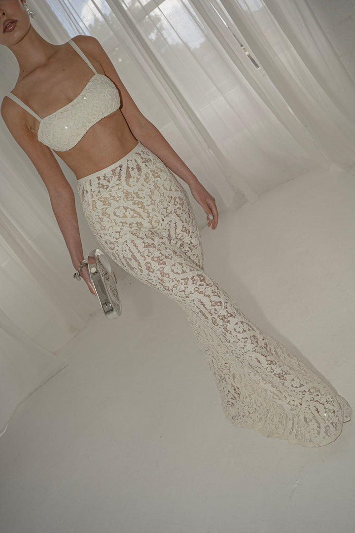 Elora Lace and Beads Maxi Skirt in Warm Ivory