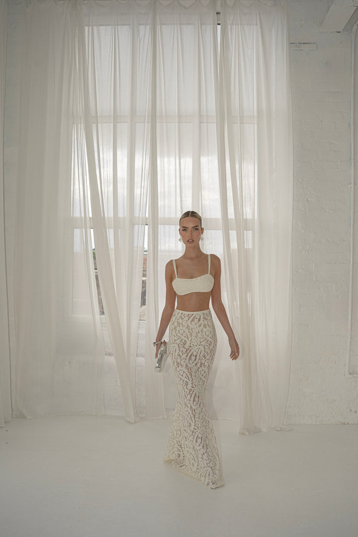 Elora Lace and Beads Maxi Skirt in Warm Ivory