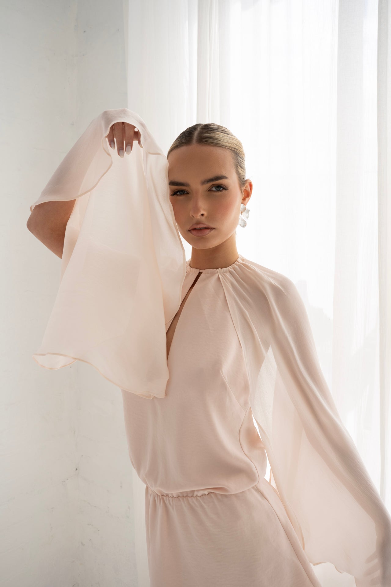 Seraphina Cape Mini Dress in Nude Pink