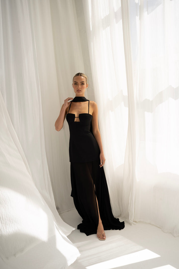 Riviera Maxi Dress and Scarf in Black