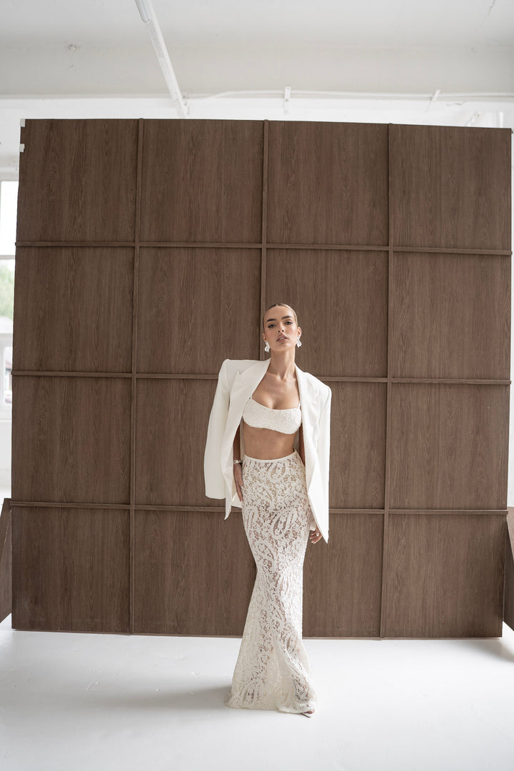 Elora Lace and Beads Maxi Skirt in Warm Ivory