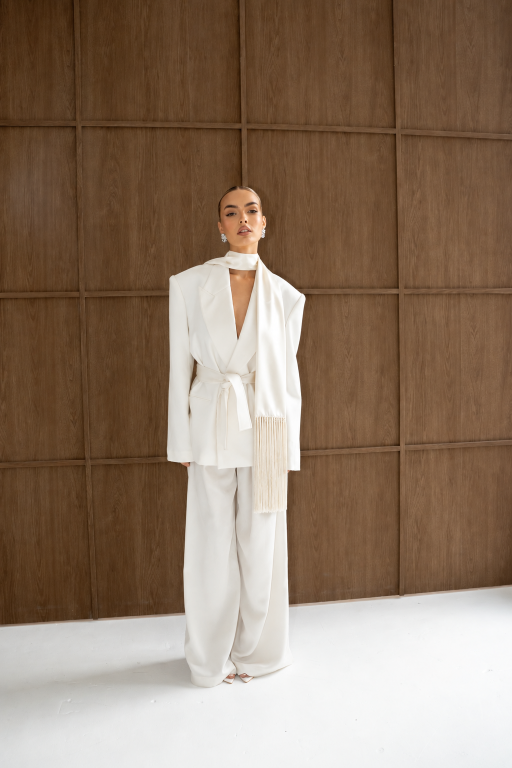 Luxe Satin Tassel Scarf in Ivory