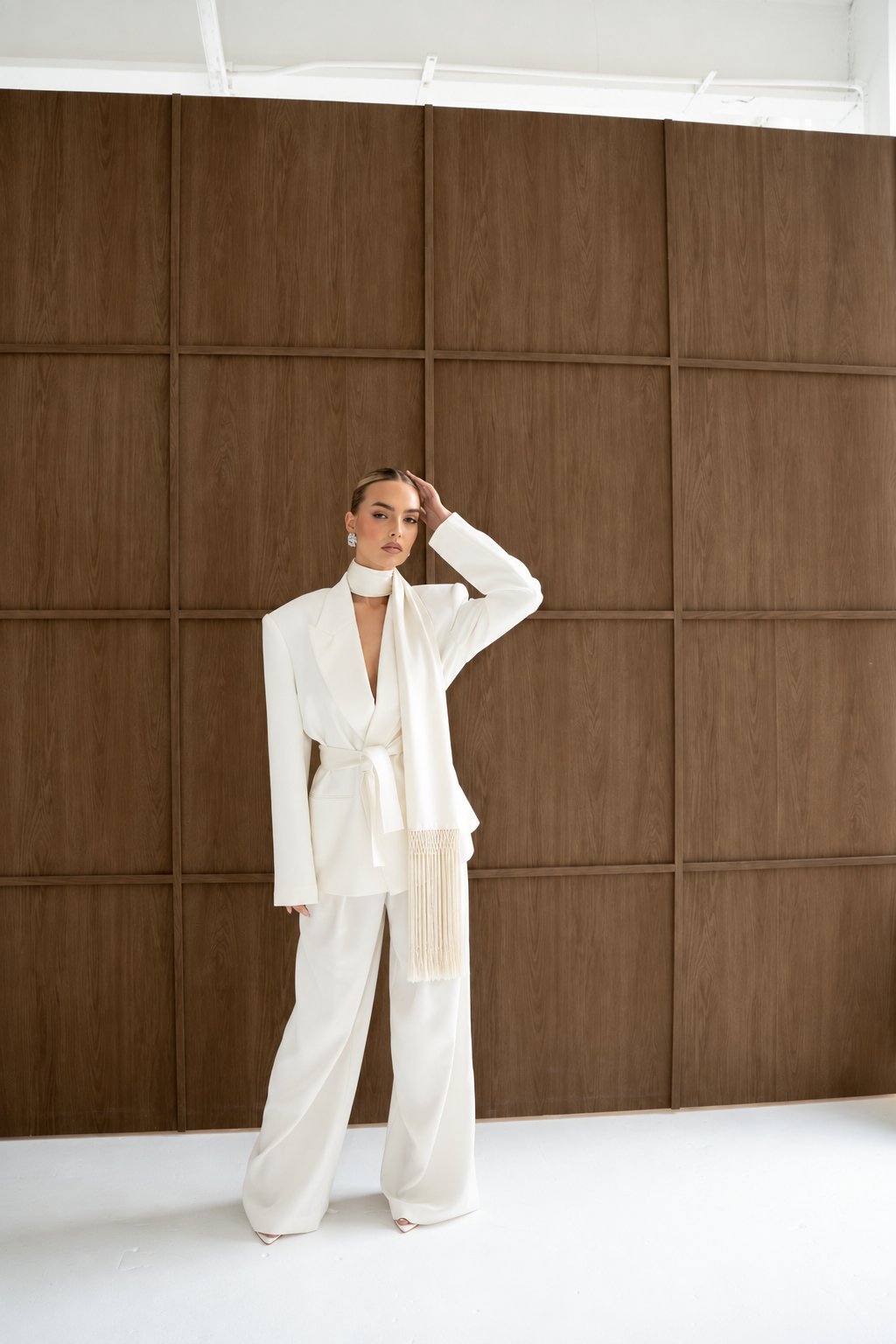 Luxe Satin Tassel Scarf in Ivory