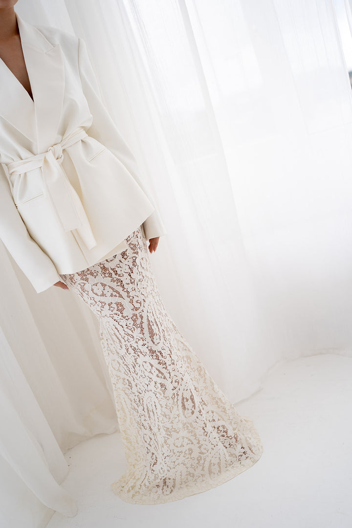 Elora Lace and Beads Maxi Skirt in Warm Ivory