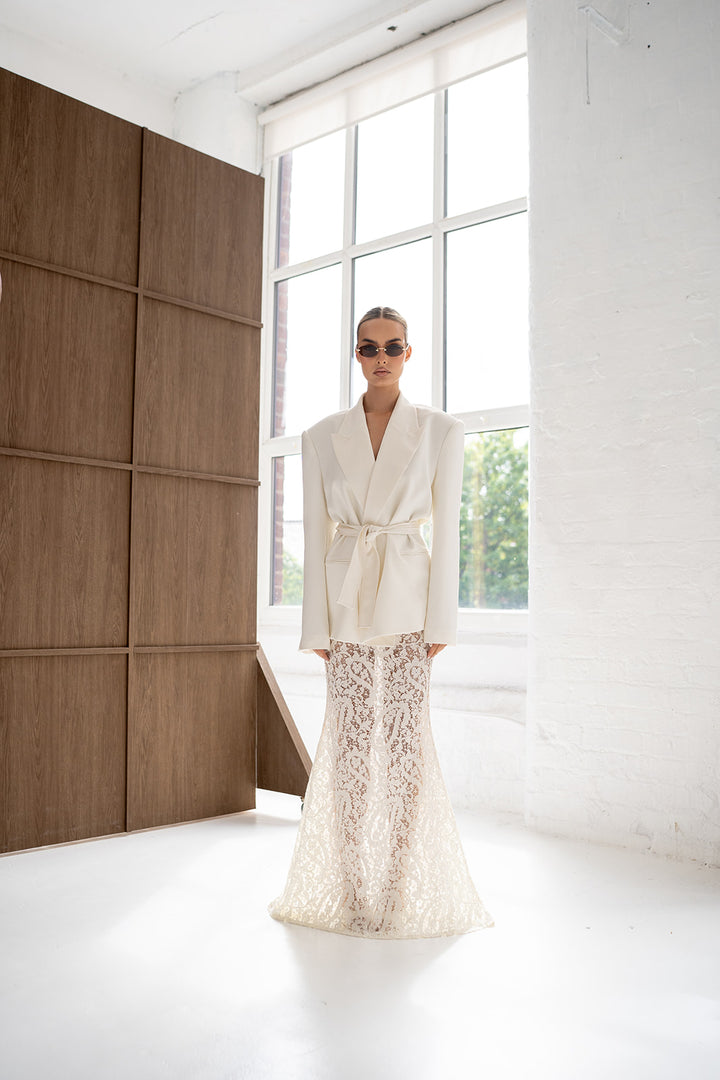 Elora Lace and Beads Maxi Skirt in Warm Ivory