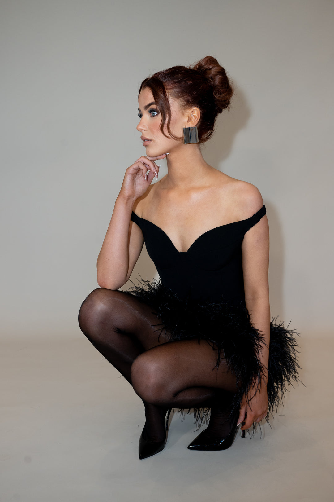 Duchess Dress in Black with Premium Feathers