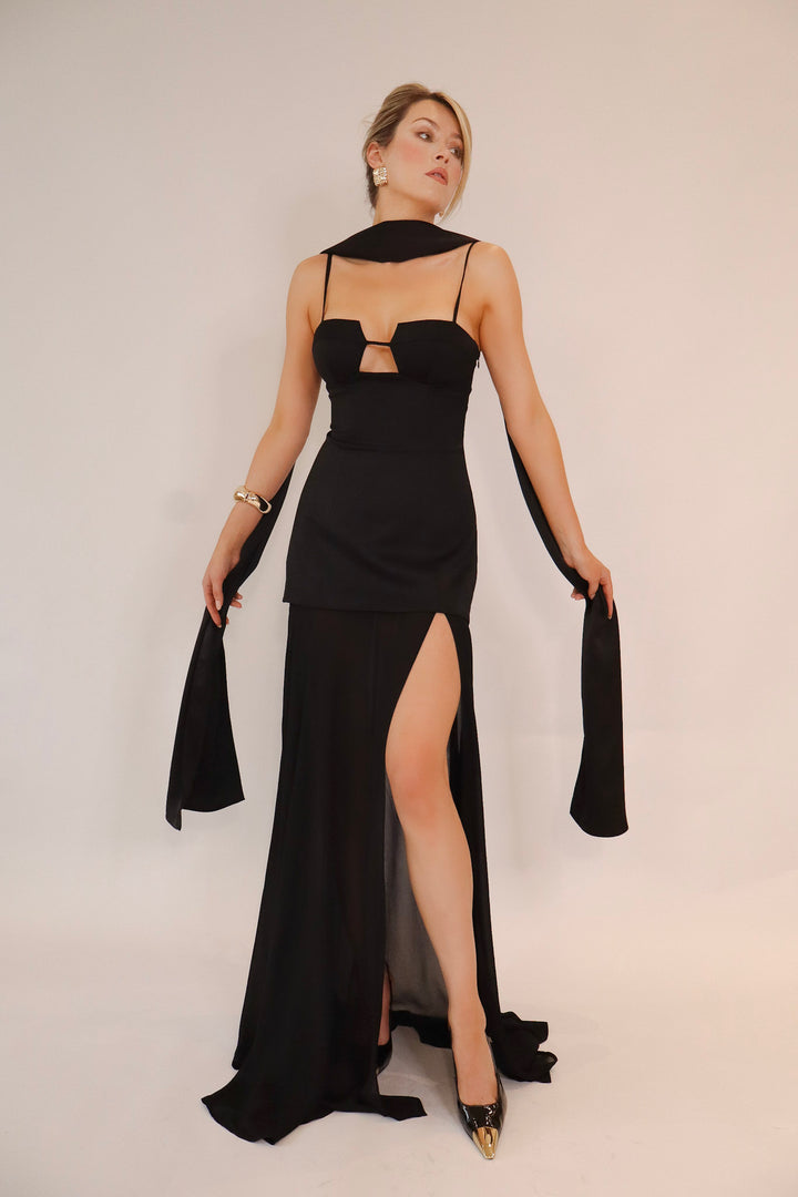 Riviera Maxi Dress and Scarf in Black