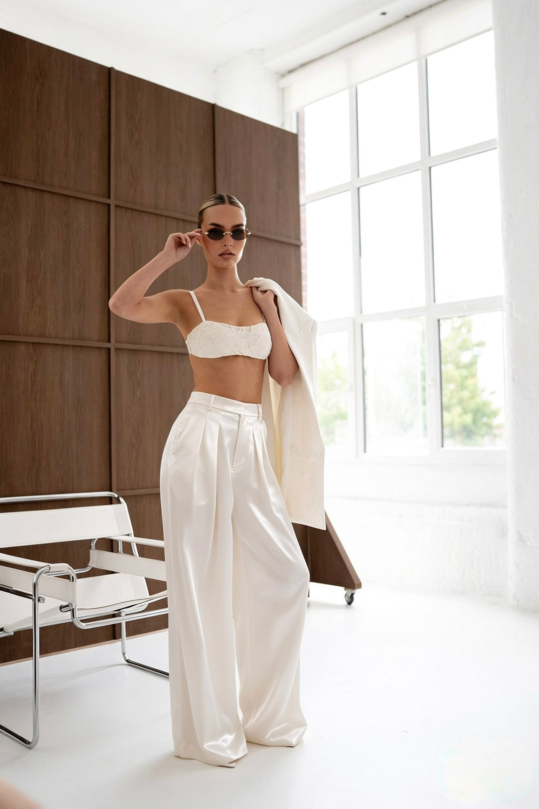 Grace Luxe Satin Trouser in Ivory